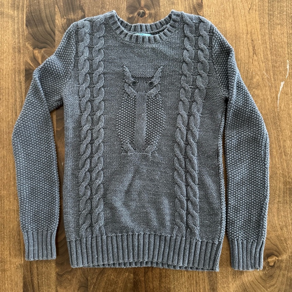 Pim + Larkin Women’s Sz Small Gray and Silver Cable Knit Sweater with Owl Design